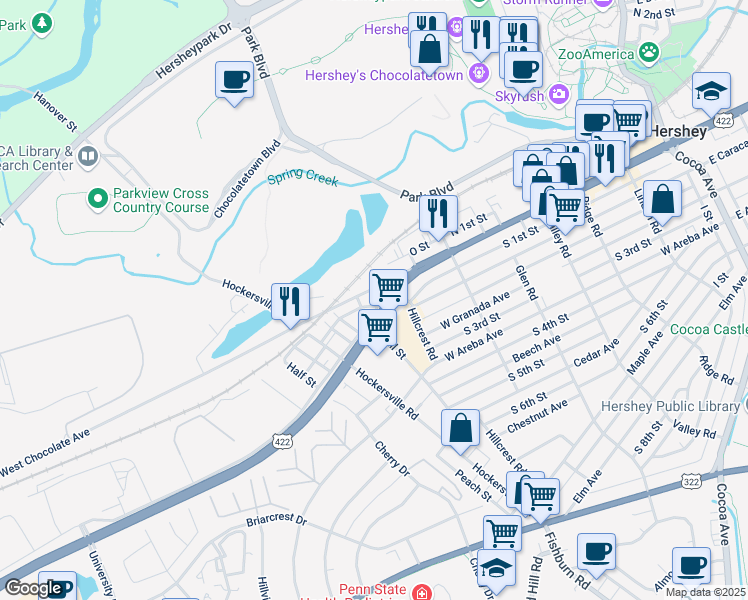 map of restaurants, bars, coffee shops, grocery stores, and more near 12 Mill Street in Hershey