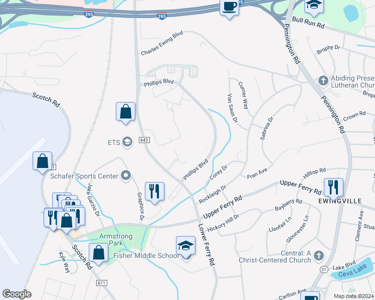 map of restaurants, bars, coffee shops, grocery stores, and more near 325 Masterson Court in Ewing Township