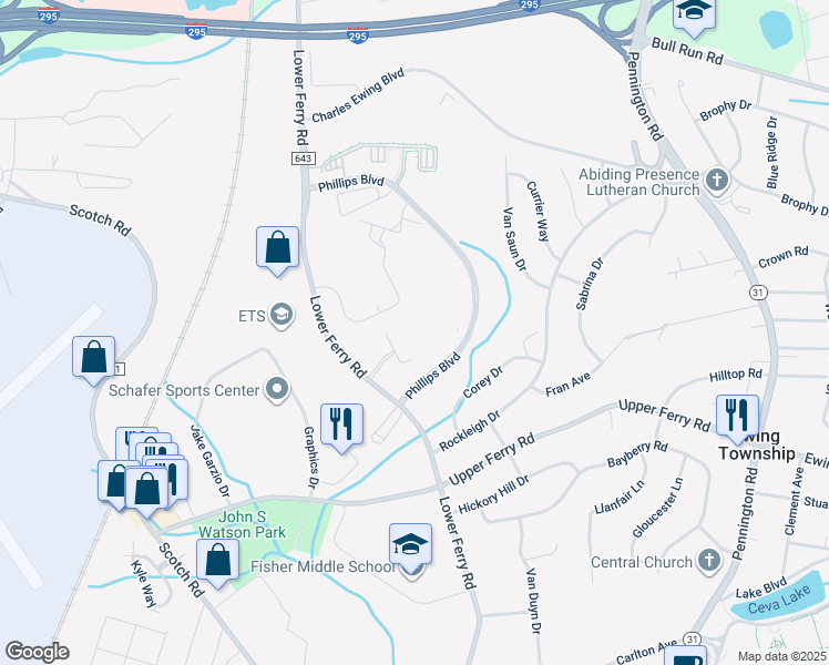 map of restaurants, bars, coffee shops, grocery stores, and more near Masterson Court in Ewing Township