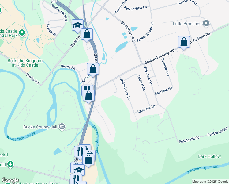 map of restaurants, bars, coffee shops, grocery stores, and more near 137 Edison Furlong Road in Doylestown