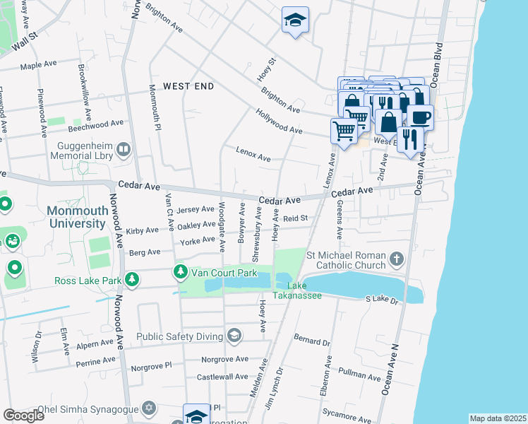 map of restaurants, bars, coffee shops, grocery stores, and more near 668 Hoey Avenue in Long Branch