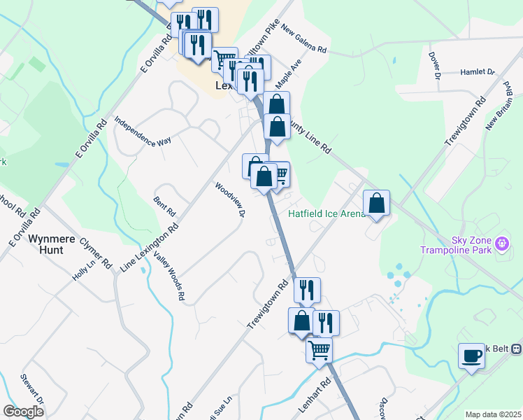 map of restaurants, bars, coffee shops, grocery stores, and more near 808 Pennsylvania 309 in Colmar