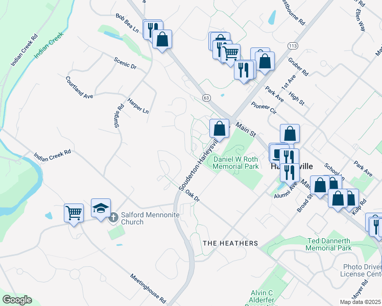 map of restaurants, bars, coffee shops, grocery stores, and more near 30 Raleigh Court in Harleysville