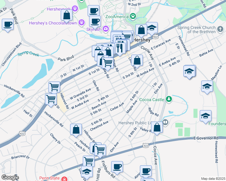 map of restaurants, bars, coffee shops, grocery stores, and more near 237 West Areba Avenue in Hershey