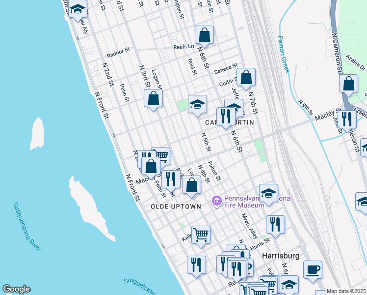 map of restaurants, bars, coffee shops, grocery stores, and more near in Harrisburg