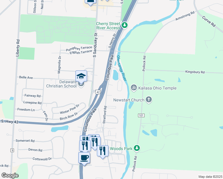 map of restaurants, bars, coffee shops, grocery stores, and more near 673 Stratford Road in Delaware