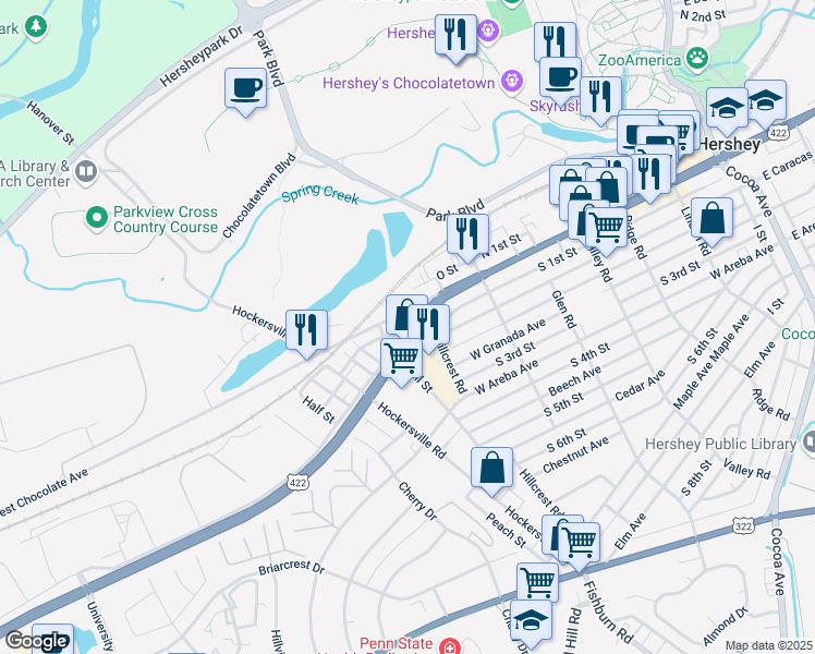 map of restaurants, bars, coffee shops, grocery stores, and more near 13 Mill Street in Hershey