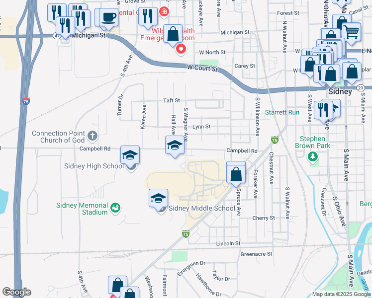 map of restaurants, bars, coffee shops, grocery stores, and more near 901 Campbell Road in Sidney