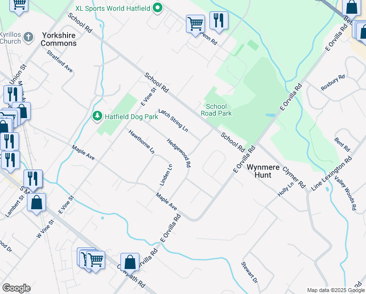 map of restaurants, bars, coffee shops, grocery stores, and more near 1617 Hedgewood Road in Hatfield