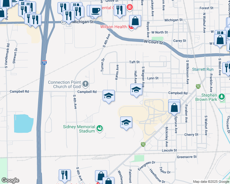 map of restaurants, bars, coffee shops, grocery stores, and more near 1215 Campbell Road in Sidney