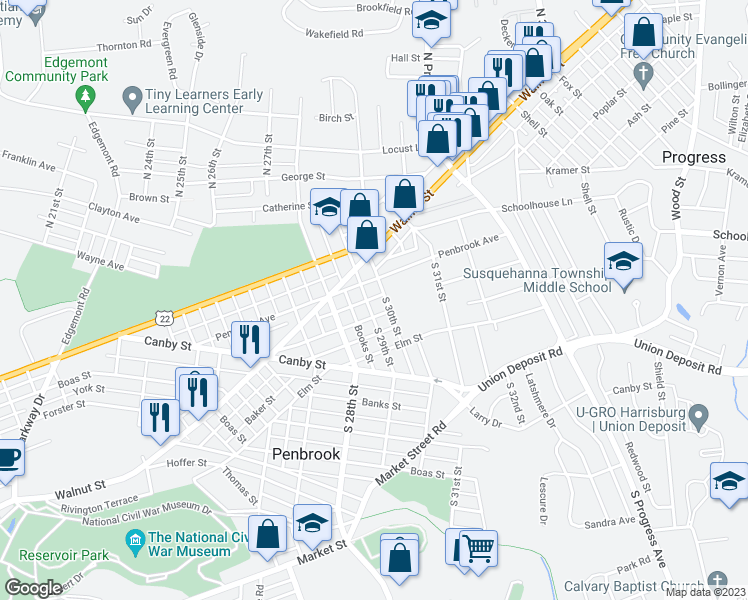 map of restaurants, bars, coffee shops, grocery stores, and more near 122 South 29th Street in Harrisburg