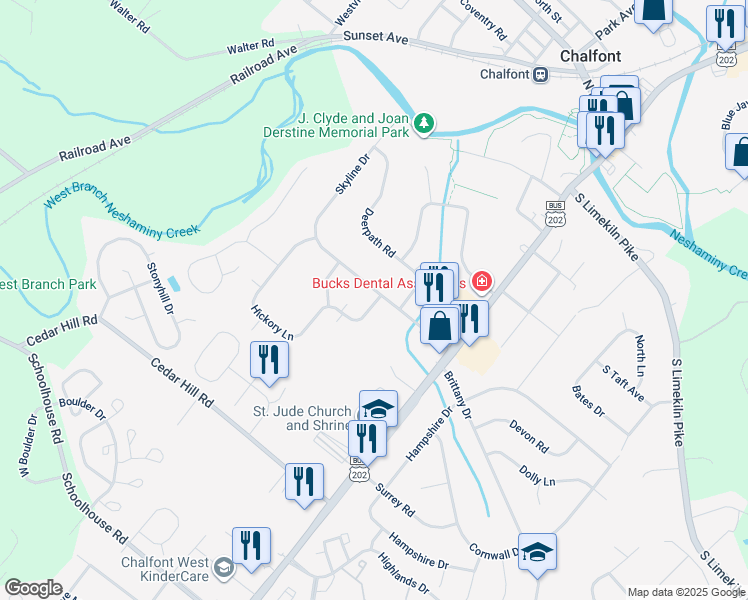 map of restaurants, bars, coffee shops, grocery stores, and more near 3 Hickory Lane in Chalfont