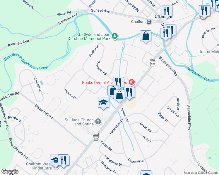 map of restaurants, bars, coffee shops, grocery stores, and more near 3 Deerpath Road in Chalfont