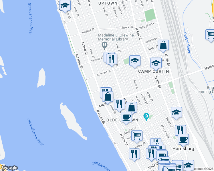 map of restaurants, bars, coffee shops, grocery stores, and more near 230 Woodbine Street in Harrisburg