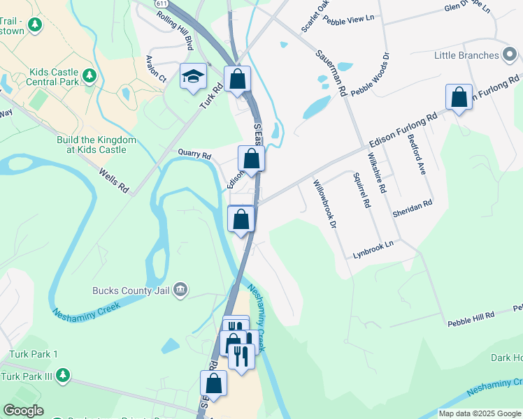 map of restaurants, bars, coffee shops, grocery stores, and more near 101 Edison Furlong Road in Doylestown