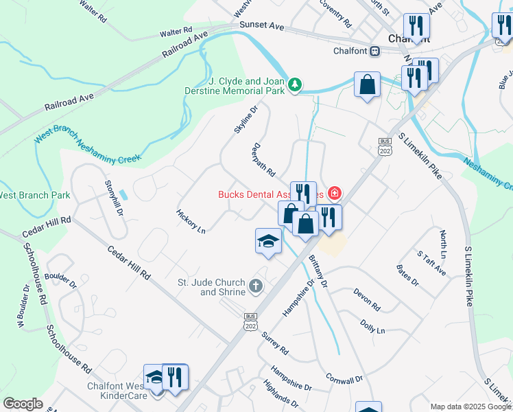 map of restaurants, bars, coffee shops, grocery stores, and more near 3 Hickory Lane in Chalfont