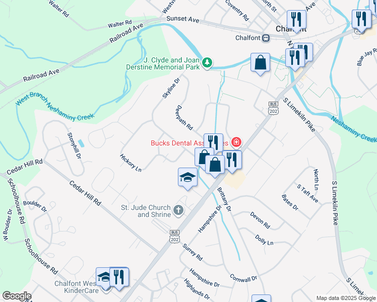 map of restaurants, bars, coffee shops, grocery stores, and more near 17 Skyline Drive in Chalfont