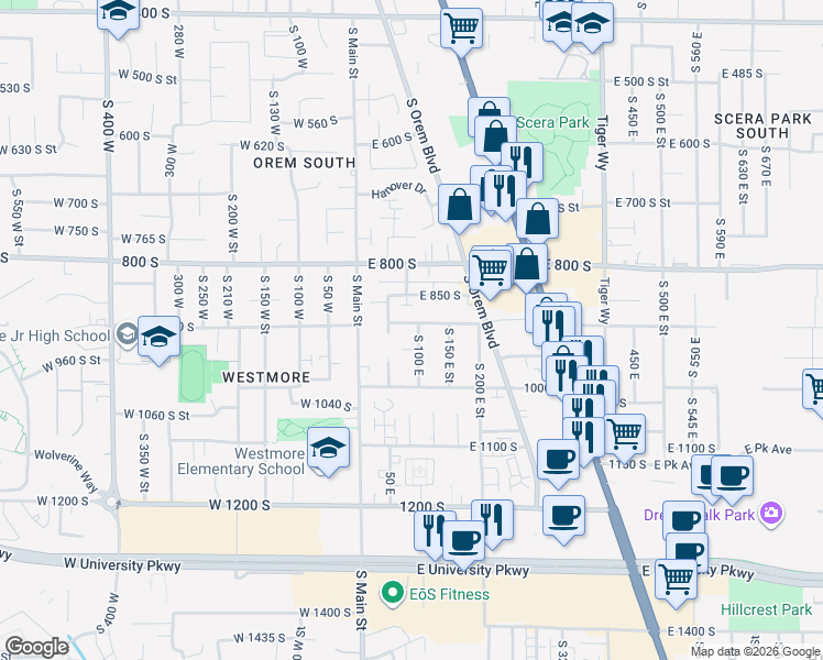 map of restaurants, bars, coffee shops, grocery stores, and more near 912 South 100 East in Orem