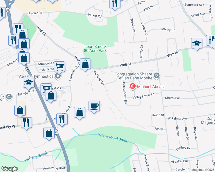 map of restaurants, bars, coffee shops, grocery stores, and more near 64 Jamestown Drive in Eatontown
