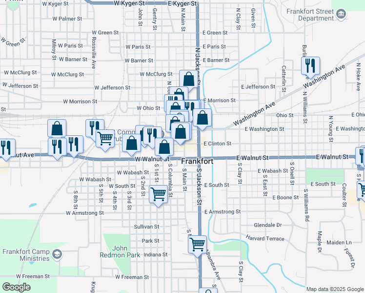 map of restaurants, bars, coffee shops, grocery stores, and more near 5 West Clinton Street in Frankfort
