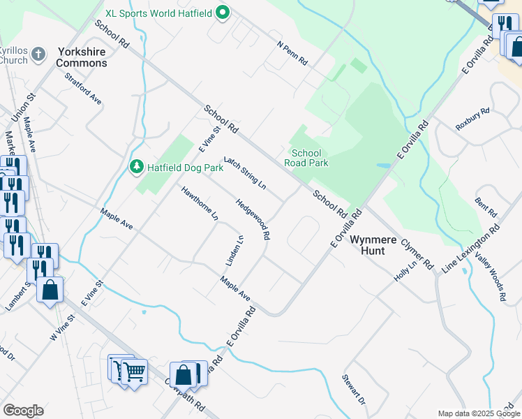 map of restaurants, bars, coffee shops, grocery stores, and more near 1617 Hedgewood Road in Hatfield