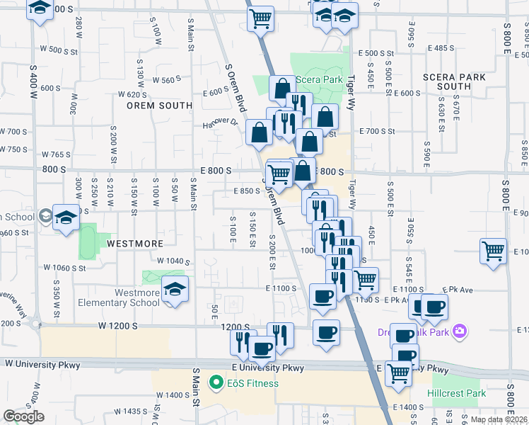 map of restaurants, bars, coffee shops, grocery stores, and more near 165 East 900 South in Orem