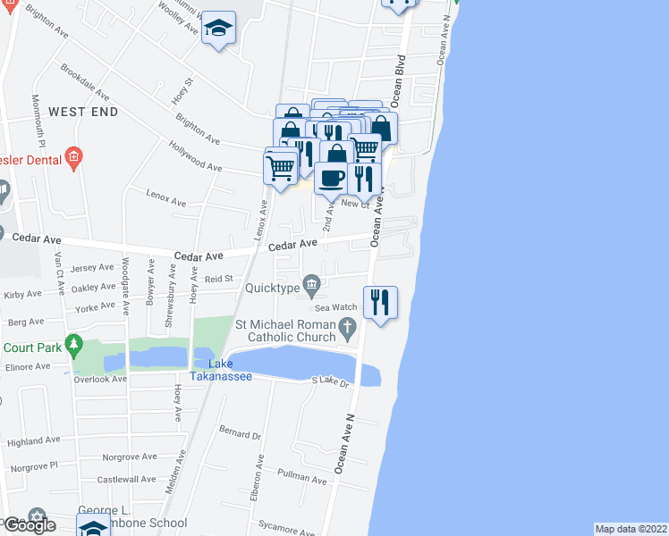 map of restaurants, bars, coffee shops, grocery stores, and more near 36 Cedar Avenue in Long Branch