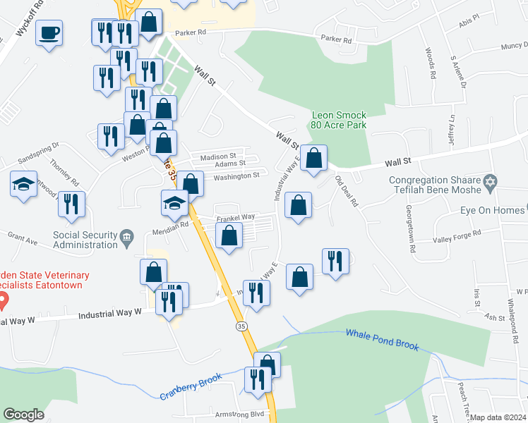 map of restaurants, bars, coffee shops, grocery stores, and more near 723 Mill Pond Way in Eatontown
