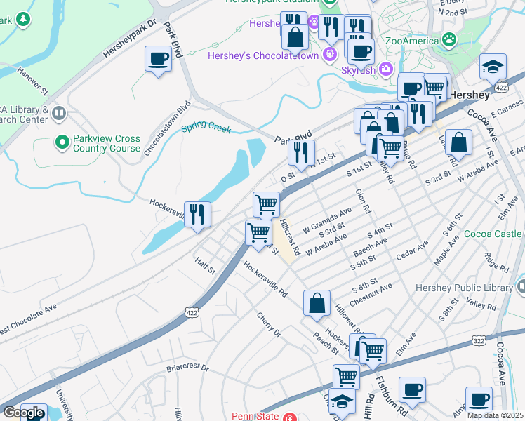map of restaurants, bars, coffee shops, grocery stores, and more near 599 Old West Chocolate Avenue in Hershey