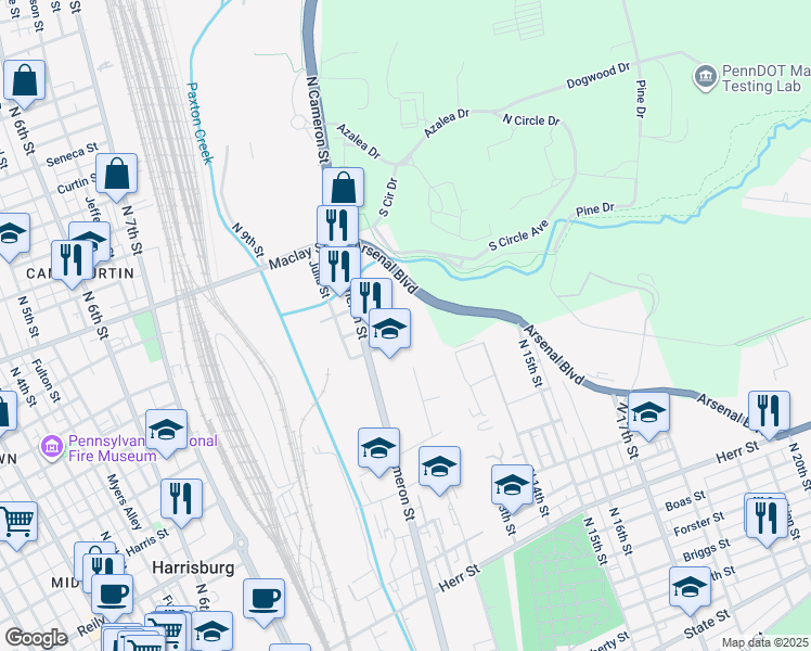 map of restaurants, bars, coffee shops, grocery stores, and more near 1845 North 12th Street in Harrisburg