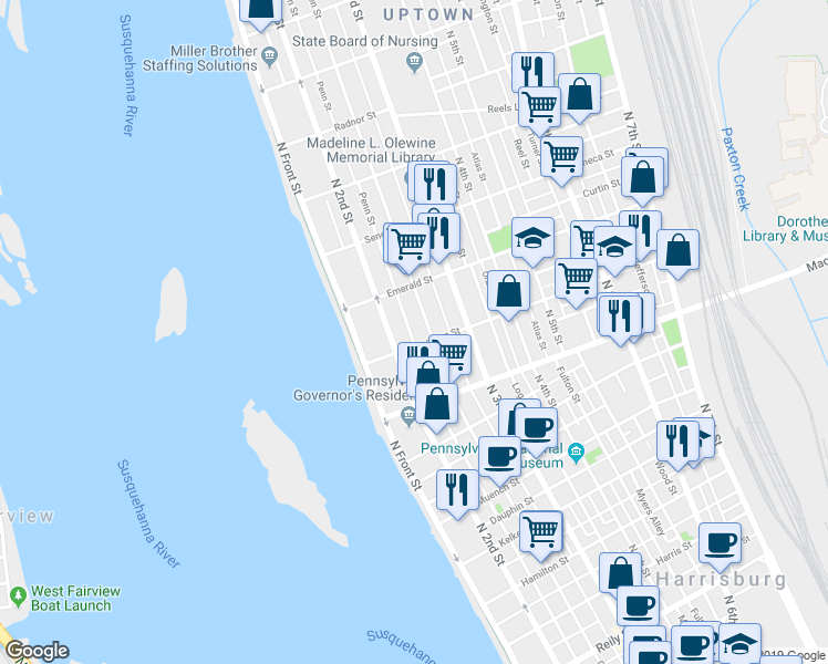 map of restaurants, bars, coffee shops, grocery stores, and more near 2221 Penn Street in Harrisburg