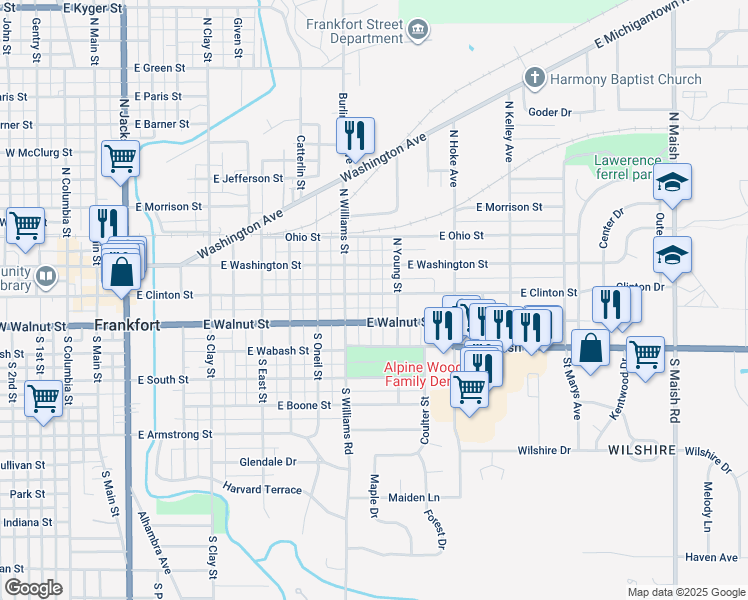 map of restaurants, bars, coffee shops, grocery stores, and more near 1054 E Clinton St in Frankfort
