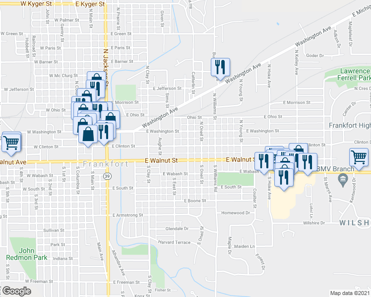 map of restaurants, bars, coffee shops, grocery stores, and more near 804 East Clinton Street in Frankfort