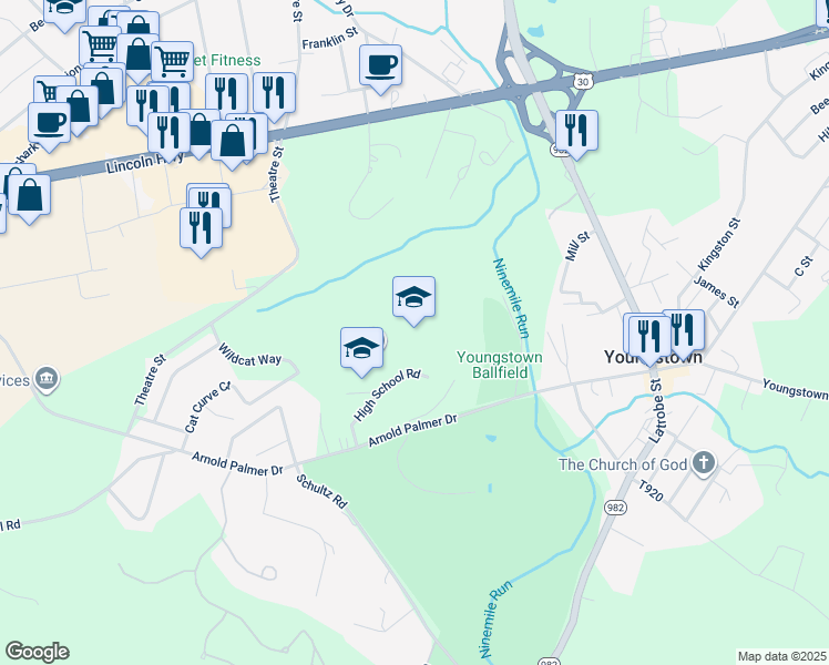 map of restaurants, bars, coffee shops, grocery stores, and more near 130 High School Road in Latrobe