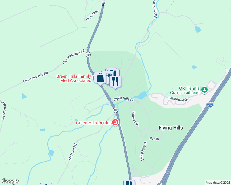 map of restaurants, bars, coffee shops, grocery stores, and more near 12 Village Center Drive in Reading