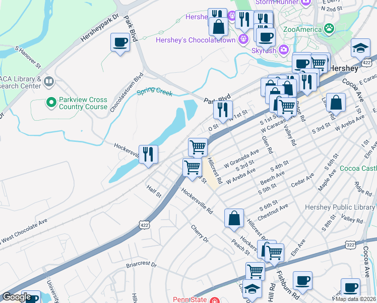 map of restaurants, bars, coffee shops, grocery stores, and more near 604 Old West Chocolate Avenue in Hershey