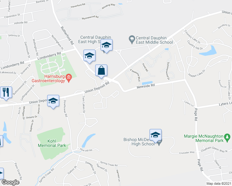map of restaurants, bars, coffee shops, grocery stores, and more near 198 Meadowview Drive in Harrisburg