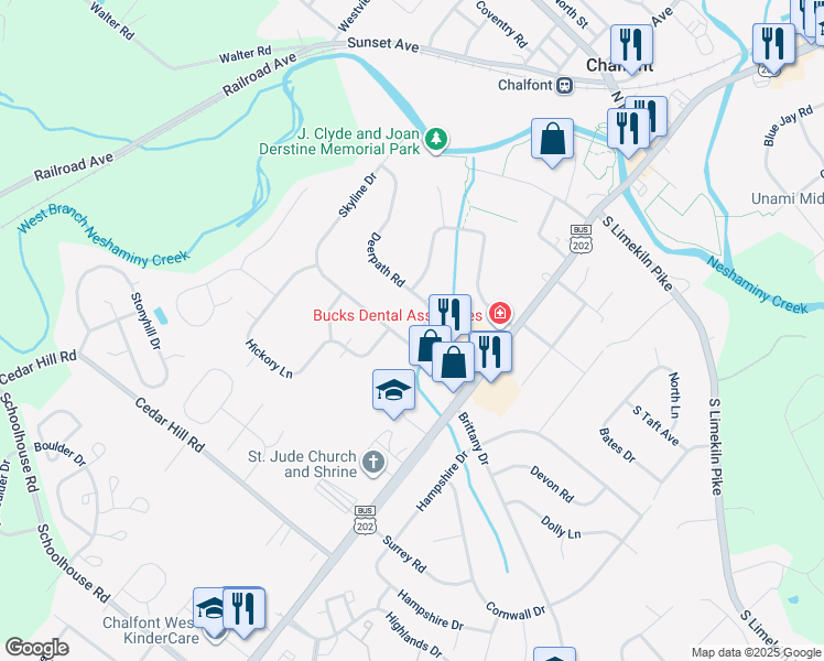 map of restaurants, bars, coffee shops, grocery stores, and more near 3 Deerpath Road in Chalfont