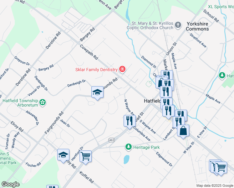 map of restaurants, bars, coffee shops, grocery stores, and more near 125 W School St in Hatfield