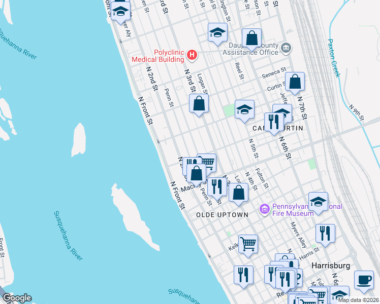 map of restaurants, bars, coffee shops, grocery stores, and more near 2221 Penn Street in Harrisburg