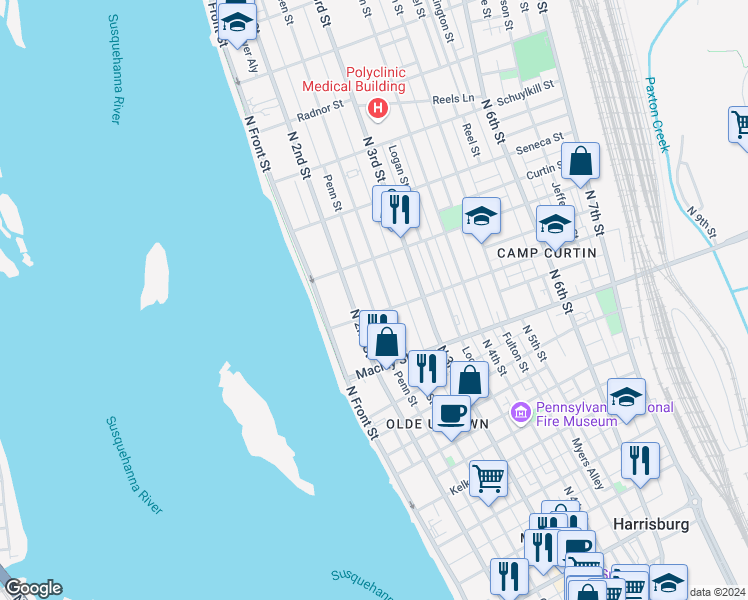 map of restaurants, bars, coffee shops, grocery stores, and more near 2213 Penn Street in Harrisburg