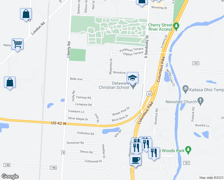 map of restaurants, bars, coffee shops, grocery stores, and more near 688 Belleview Court in Delaware