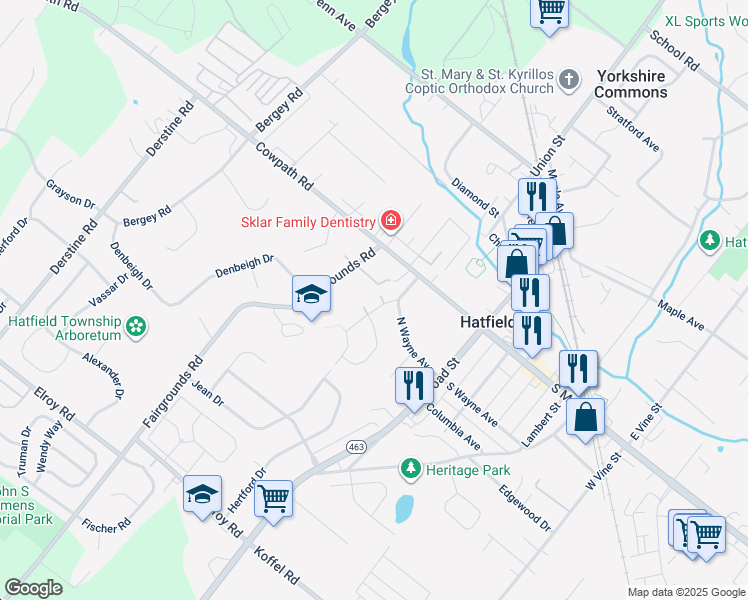 map of restaurants, bars, coffee shops, grocery stores, and more near 125 W School St in Hatfield
