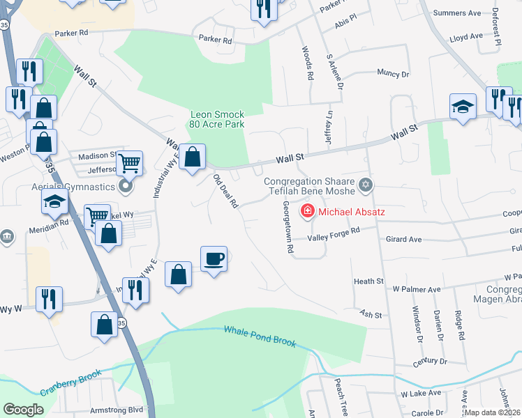 map of restaurants, bars, coffee shops, grocery stores, and more near 52 Jamestown Road in Eatontown