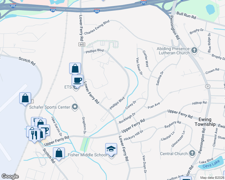 map of restaurants, bars, coffee shops, grocery stores, and more near 225 Phillips Boulevard in Ewing Township
