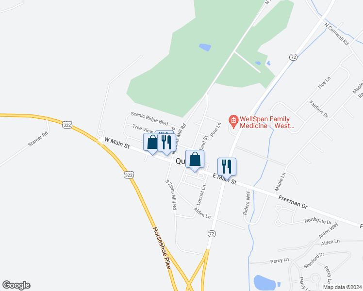 map of restaurants, bars, coffee shops, grocery stores, and more near 58 Broadway Street in Lebanon
