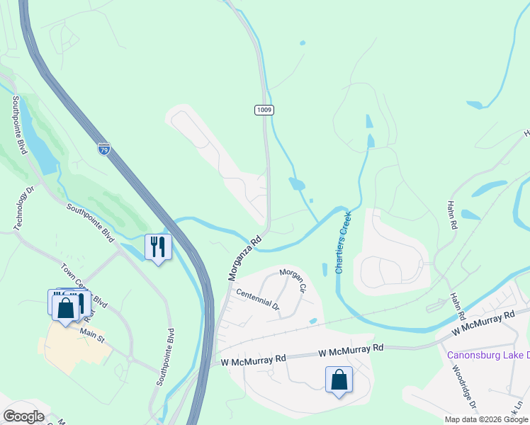 map of restaurants, bars, coffee shops, grocery stores, and more near 105 Maple Ridge Court in Canonsburg
