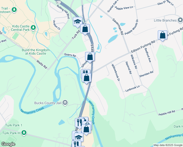 map of restaurants, bars, coffee shops, grocery stores, and more near 101 Edison Furlong Road in Doylestown