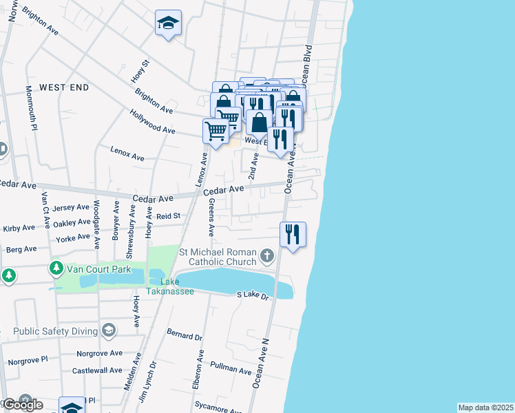 map of restaurants, bars, coffee shops, grocery stores, and more near 36 Cedar Avenue in Long Branch
