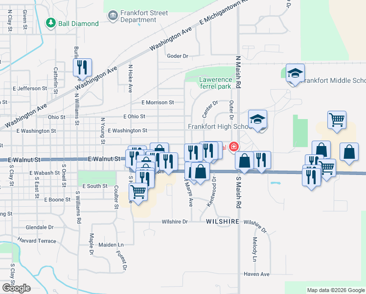map of restaurants, bars, coffee shops, grocery stores, and more near 1808 E Clinton St in Frankfort